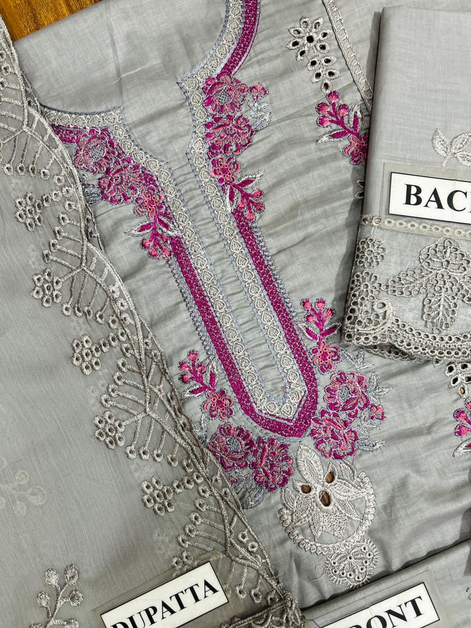 Luxury Grey 3 Piece Embroidered Lawn Suit – Cutwork & Floral Embroidery