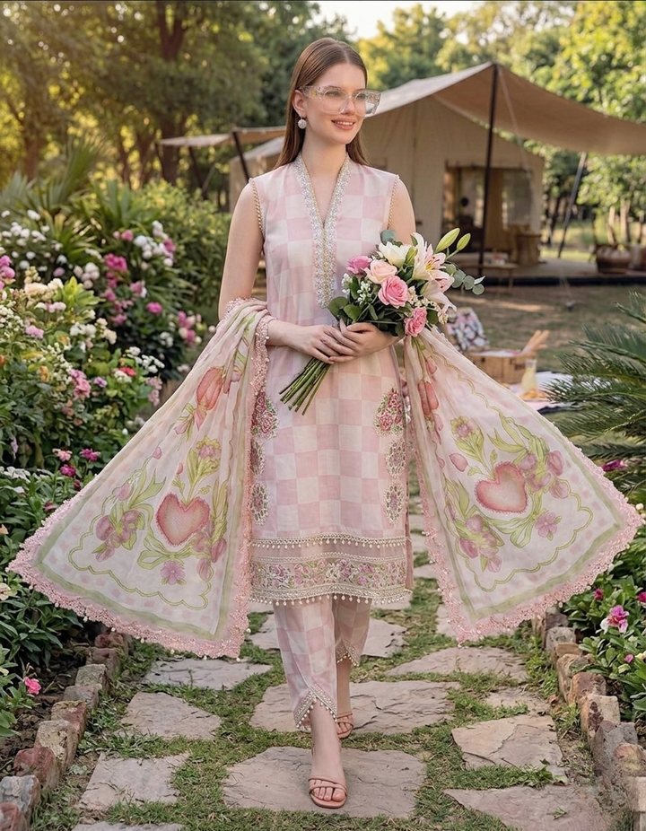 Maria.B M.Prints  Checkered Printed Lawn 3-Piece Suit with Embroidered Details