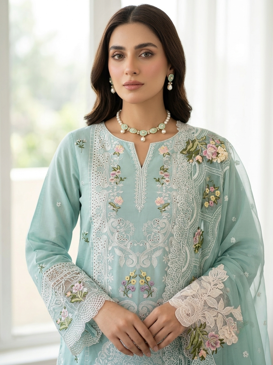 ELAF Luxury Chikankari Embroidered Lawn Suit with Organza Dupatta – Unstitched Replica