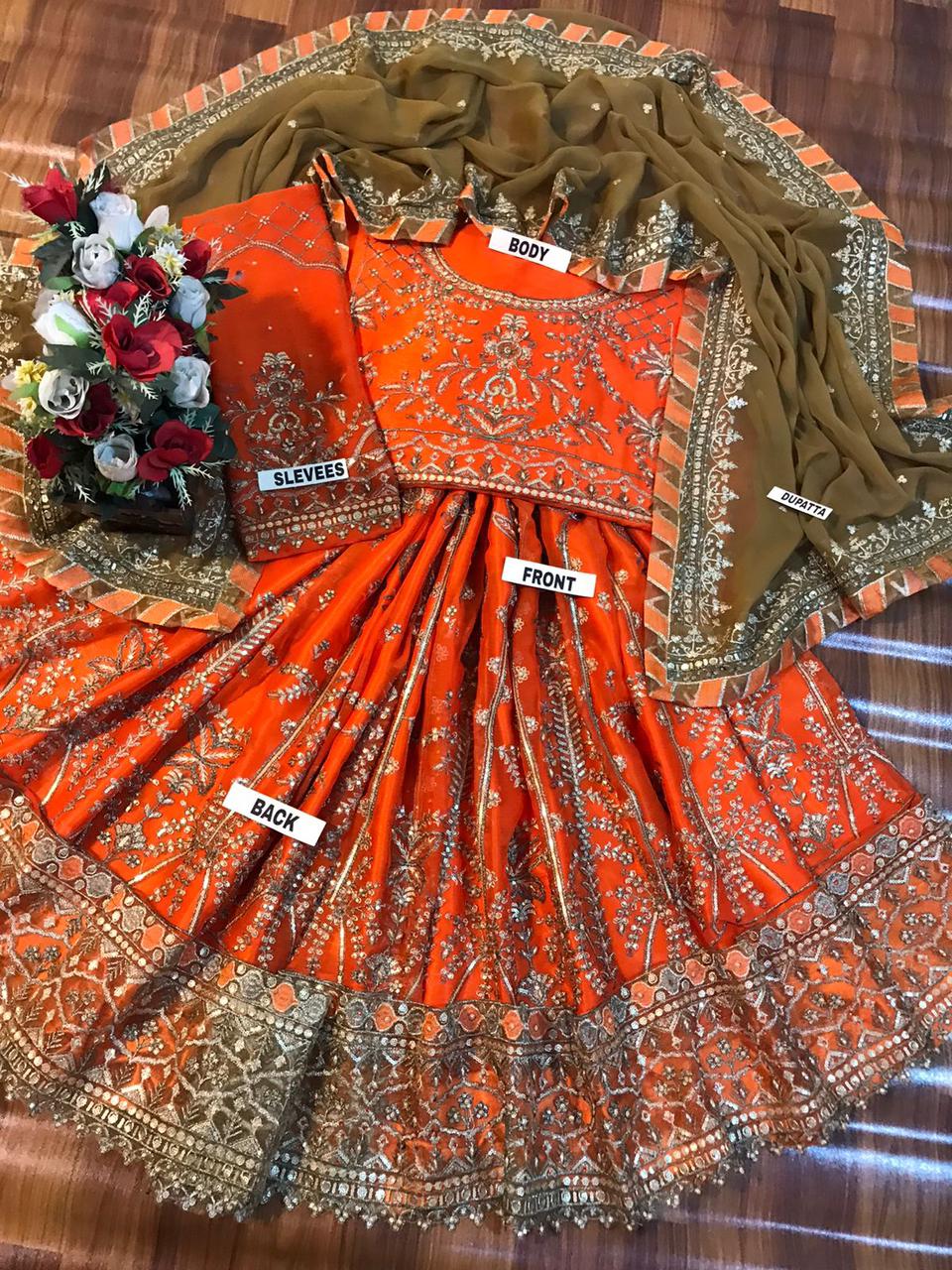 Asim Jofa Inspired Rust Orange Heavy Embroidered 3-Piece Unstitched Bridal Suit | Olive Green Dupatta | Antique Gold Zardozi | Wedding Collection