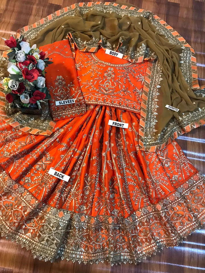 Asim Jofa Inspired Rust Orange Heavy Embroidered 3-Piece Unstitched Bridal Suit | Olive Green Dupatta | Antique Gold Zardozi | Wedding Collection