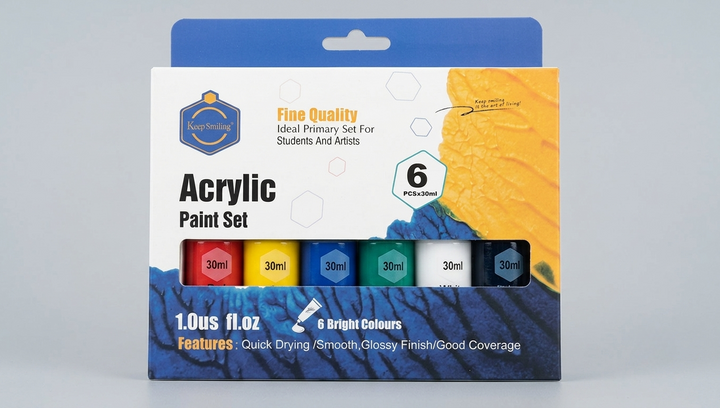 Keep Smiling Acrylic Paint Set — 6 Colors x 30ml | Quick Dry Glossy Finish Paint for Students & Artists