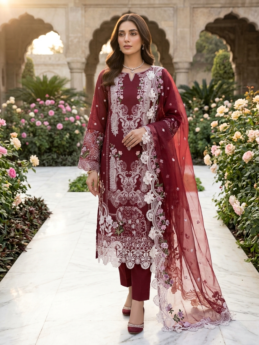 ELAF Luxury Chikankari Embroidered Lawn Suit with Organza Dupatta – Unstitched Replica