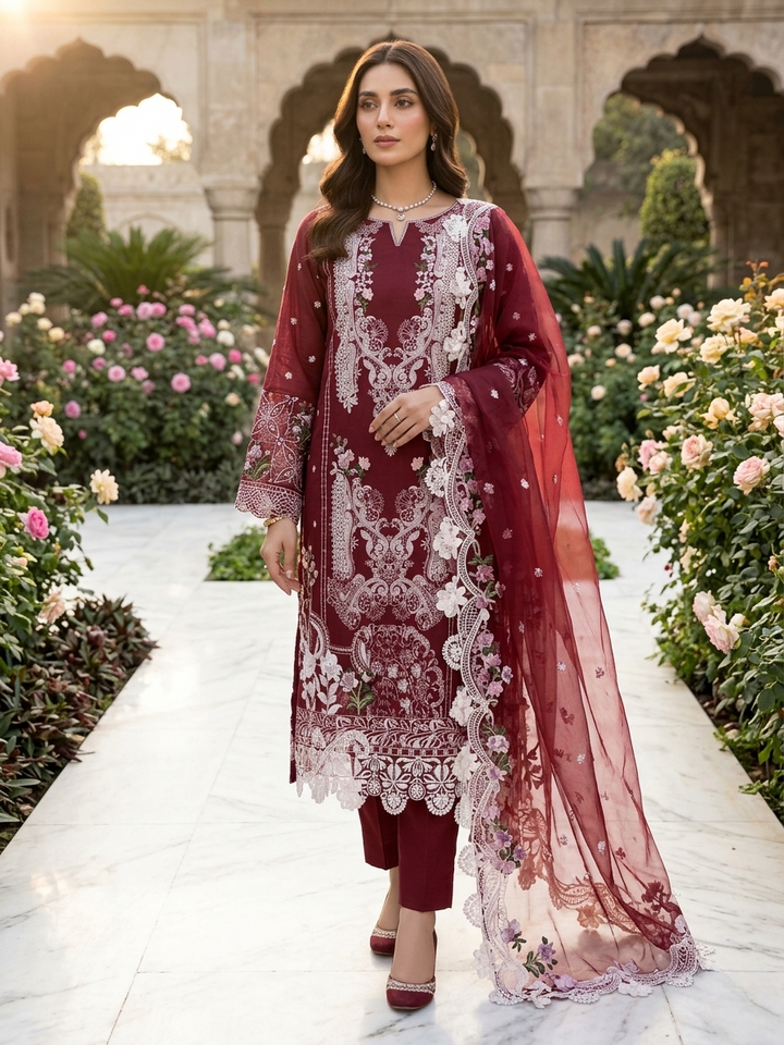 ELAF Luxury Chikankari Embroidered Lawn Suit with Organza Dupatta – Unstitched Replica