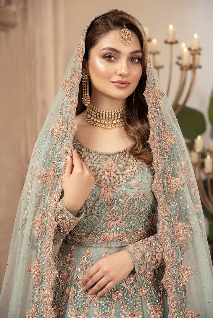 Maria.B Inspired Sage Green Heavy Embroidered 3-Piece Unstitched Bridal Suit | Rose Gold Zardozi Net Fabric | Wedding Collection