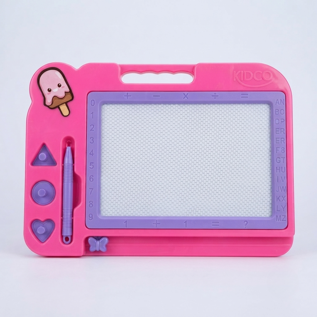 KIDCO Magnetic Drawing Board for Kids — Pink Doodle Pad with Stylus, Shape Stamps, Numbers & Alphabet | Educational Drawing Toy