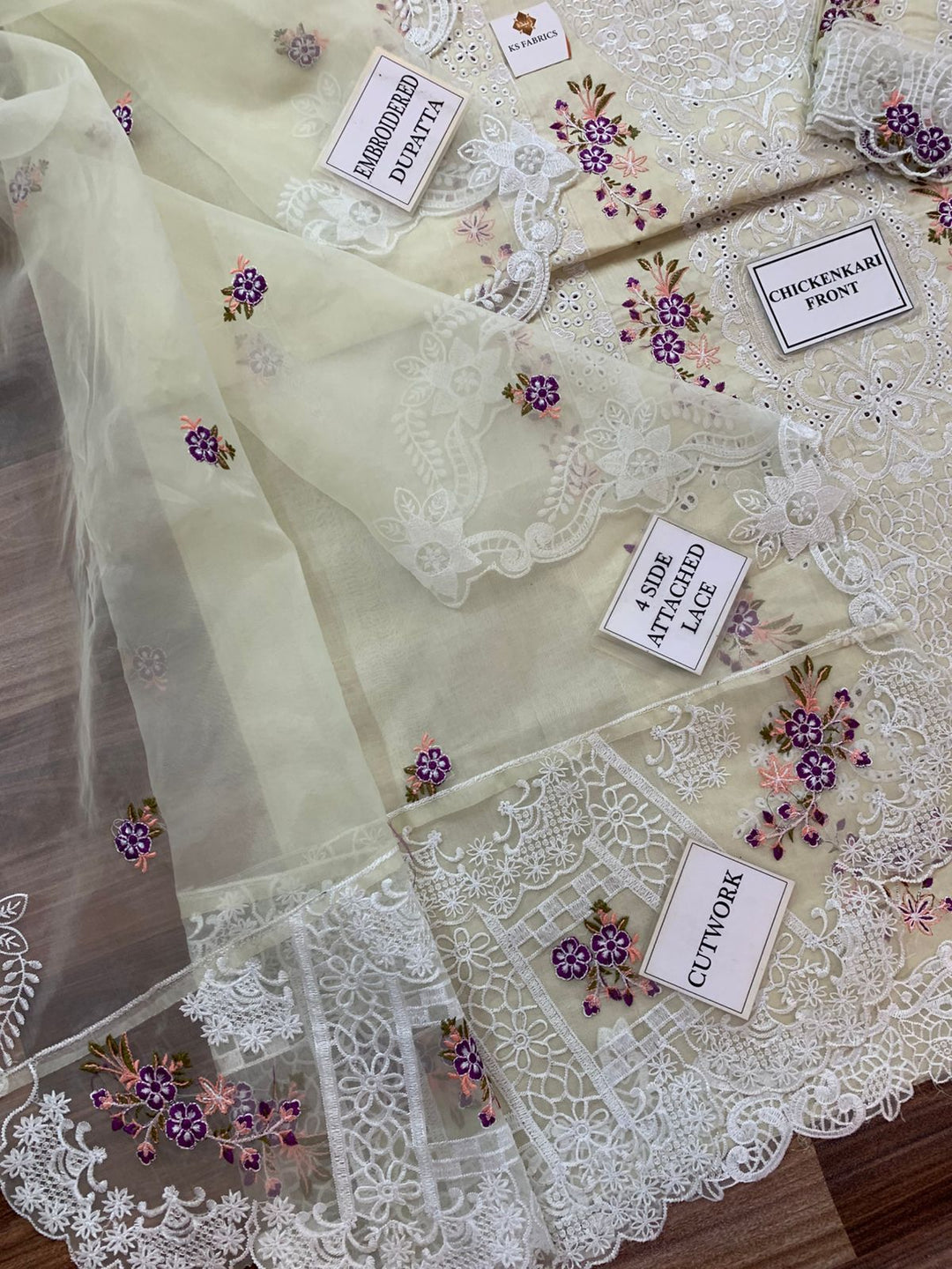 ELAF Luxury Embroidered Unstitched 3 Piece Cotton Suit with Embroidered Chiffon Dupatta – Ivory | Designer Replica