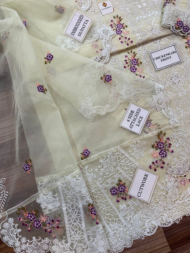ELAF Luxury Embroidered Unstitched 3 Piece Cotton Suit with Embroidered Chiffon Dupatta – Ivory | Designer Replica
