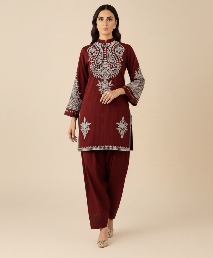 MARIA.B. Maroon Embroidered Ladies Lawn Suit 2 PC – Elegant Pakistani Summer Wear