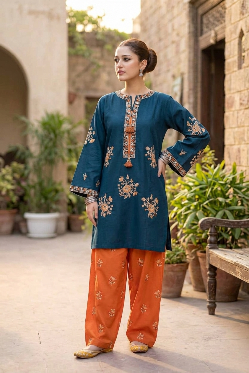 "Luxury Navy & Burnt Orange Embroidered 2-Piece Unstitched Suit | Eid & Festive Collection 2026"