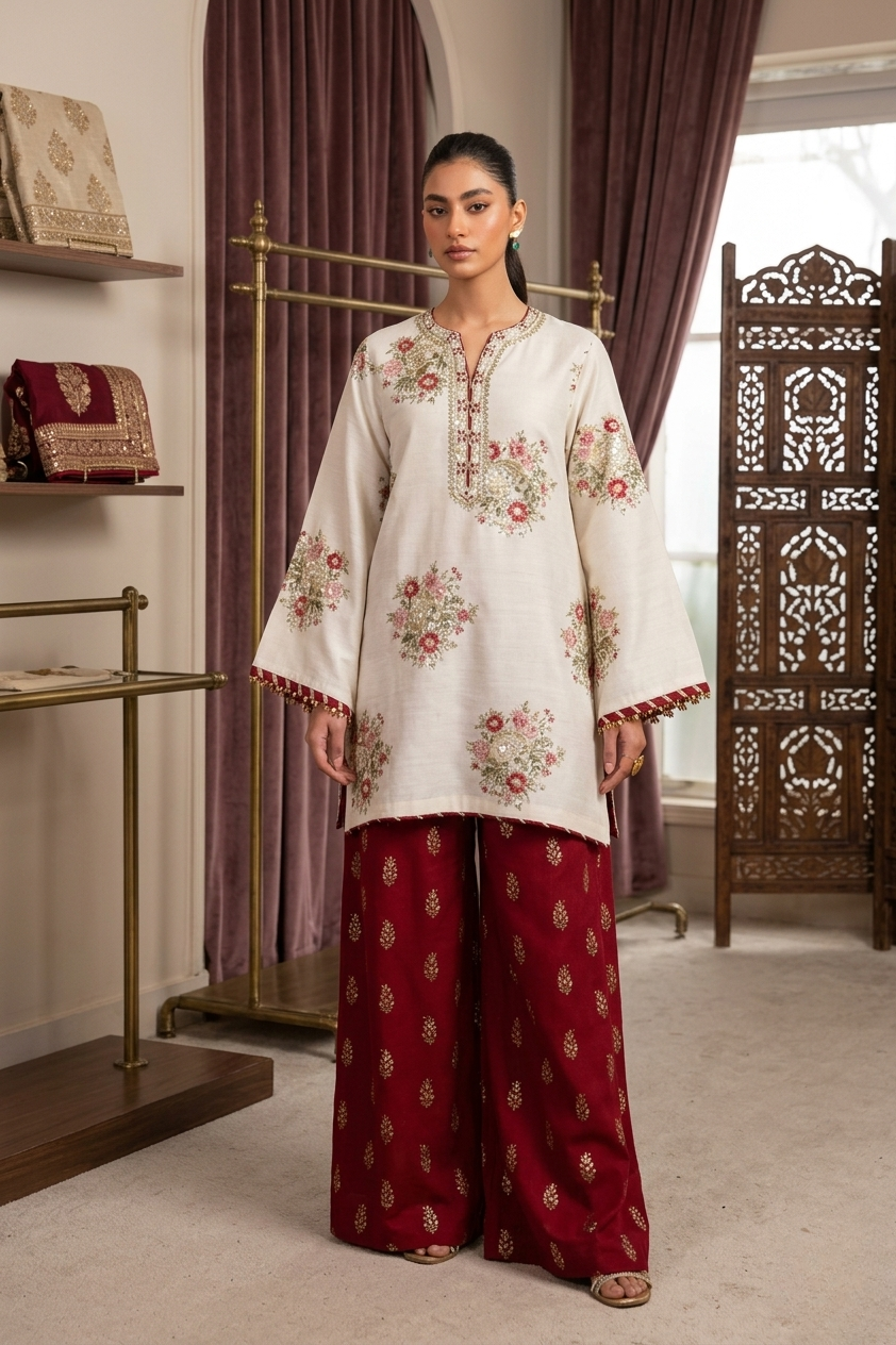 Asim Jofa Inspired 2 Piece Embroidered Lawn Suit – White & Maroon