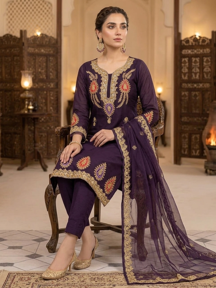 ANAYA-B Embroidery Collection Unstitched Purple Organza Embroidered Suit with Organza Dupatta | Silk Trouser