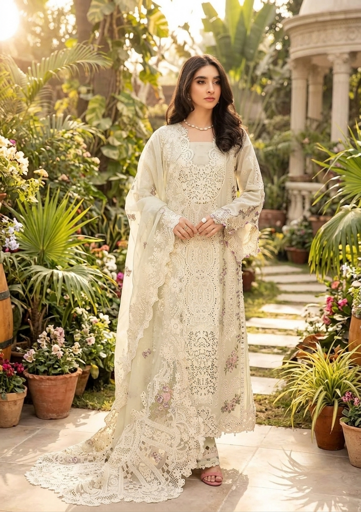 ELAF Luxury Embroidered Unstitched 3 Piece Cotton Suit with Embroidered Chiffon Dupatta – Ivory | Designer Replica