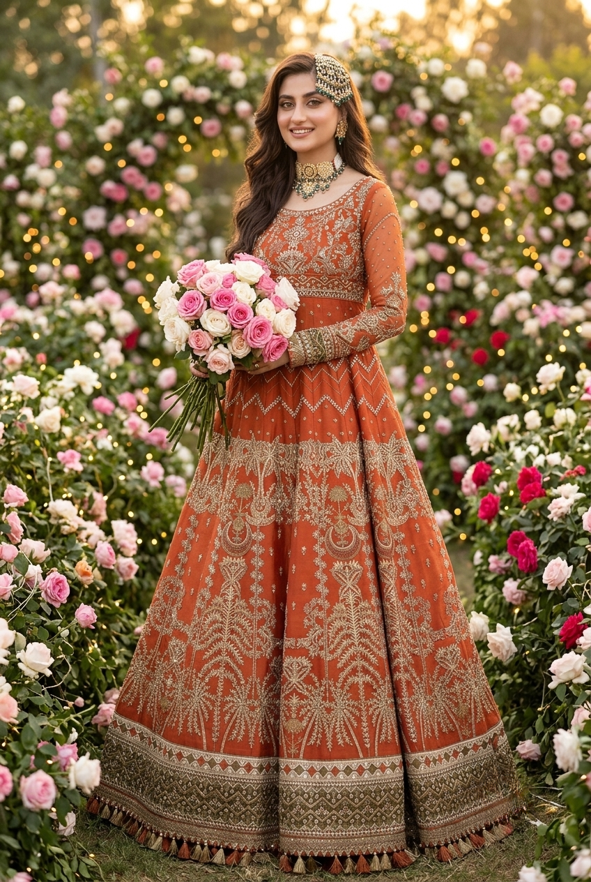 Asim Jofa Inspired Rust Orange Heavy Embroidered 3-Piece Unstitched Bridal Suit | Olive Green Dupatta | Antique Gold Zardozi | Wedding Collection