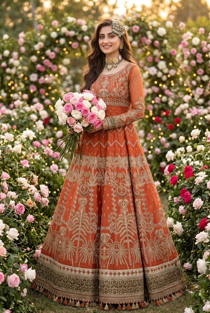 Asim Jofa Inspired Rust Orange Heavy Embroidered 3-Piece Unstitched Bridal Suit | Olive Green Dupatta | Antique Gold Zardozi | Wedding Collection