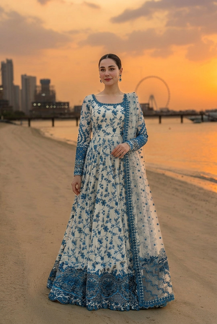 Unstitched Premium Chiffon Indian Party Wear Dress | Blue Floral Suit with Dupatta