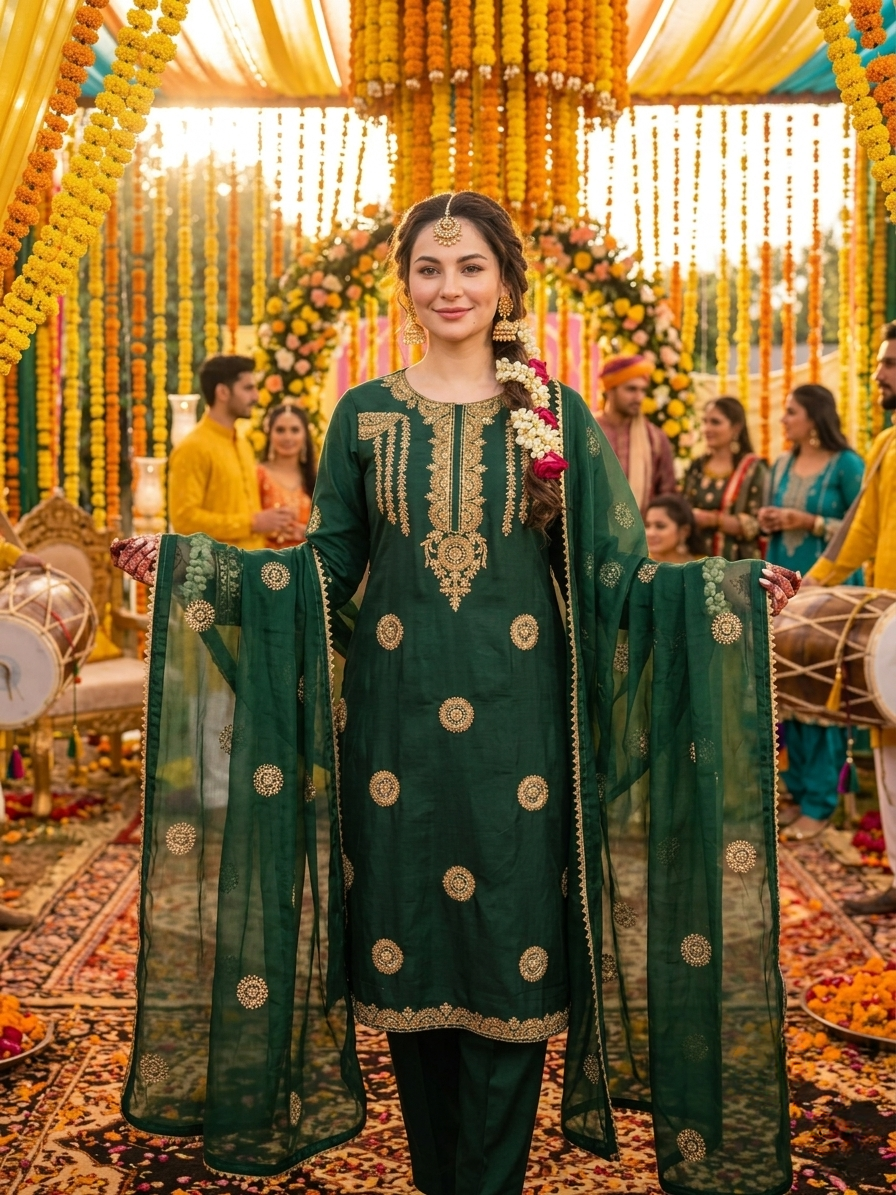 ANAYA-B Unstitched Emerald Green Cotton Silk Embroidered Suit with Organza Dupatta