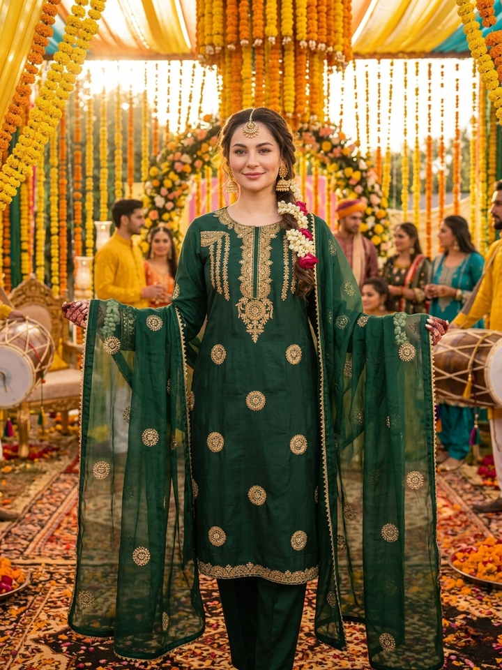 ANAYA-B Unstitched Emerald Green Cotton Silk Embroidered Suit with Organza Dupatta