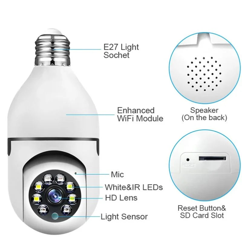 E27 Bulb WiFi Security Camera 360° Panoramic Night Vision, Wireless Home Surveillance Camera with 355° Pan 90° Tilt, Smart Indoor CCTV