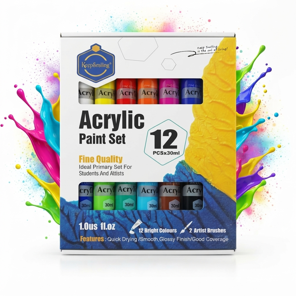 den 🎨 Keep Smiling Acrylic Paint Set | 12 Colors x 30ml with 2 Artist Brushes