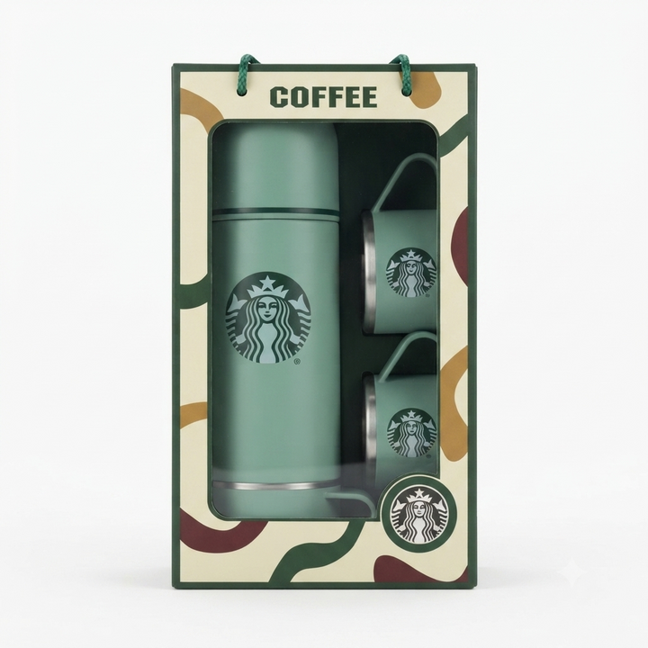 🎁 Premium Coffee Style Vacuum Flask Gift Set | Stainless Steel Insulated Bottle with 2 Cups