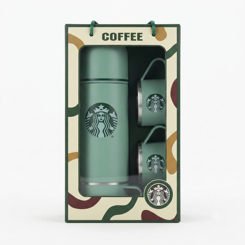 🎁 Premium Coffee Style Vacuum Flask Gift Set | Stainless Steel Insulated Bottle with 2 Cups