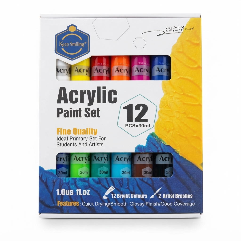 den 🎨 Keep Smiling Acrylic Paint Set | 12 Colors x 30ml with 2 Artist Brushes