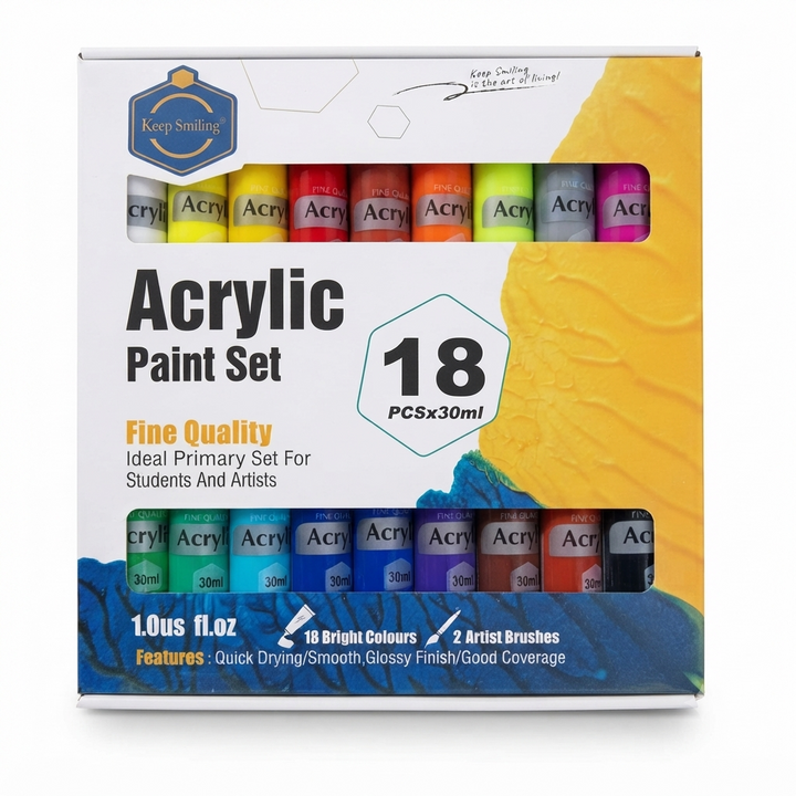 🎨 Keep Smiling Acrylic Paint Set – 18 Colors (30ml Each) with 2 Artist Brushes