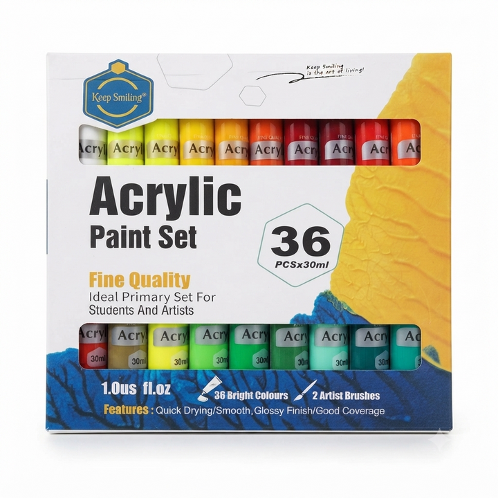 🎨 Keep Smiling Acrylic Paint Set – 36 Colors (30ml Each) with 2 Artist Brushes
