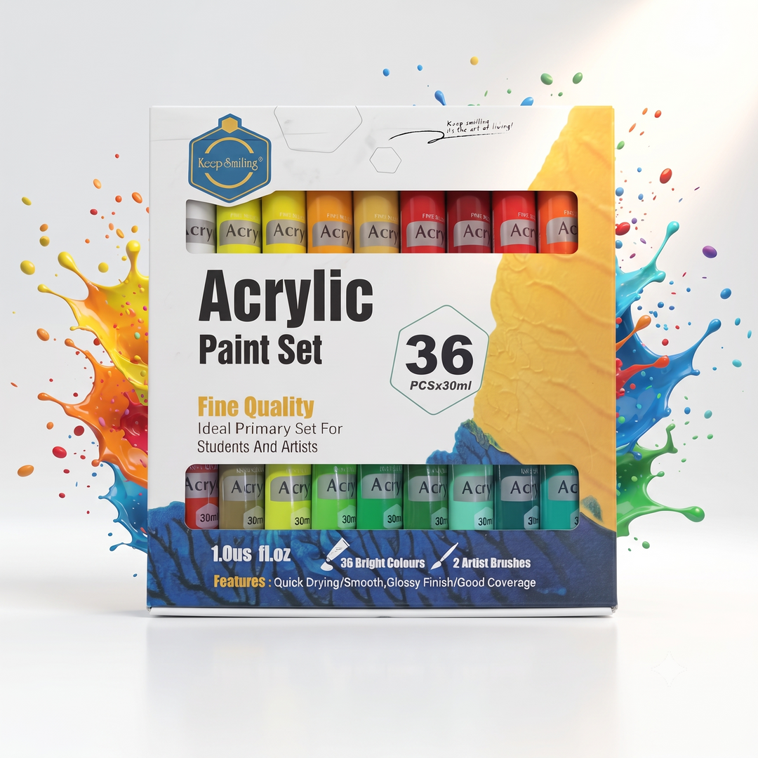 🎨 Keep Smiling Acrylic Paint Set – 36 Colors (30ml Each) with 2 Artist Brushes