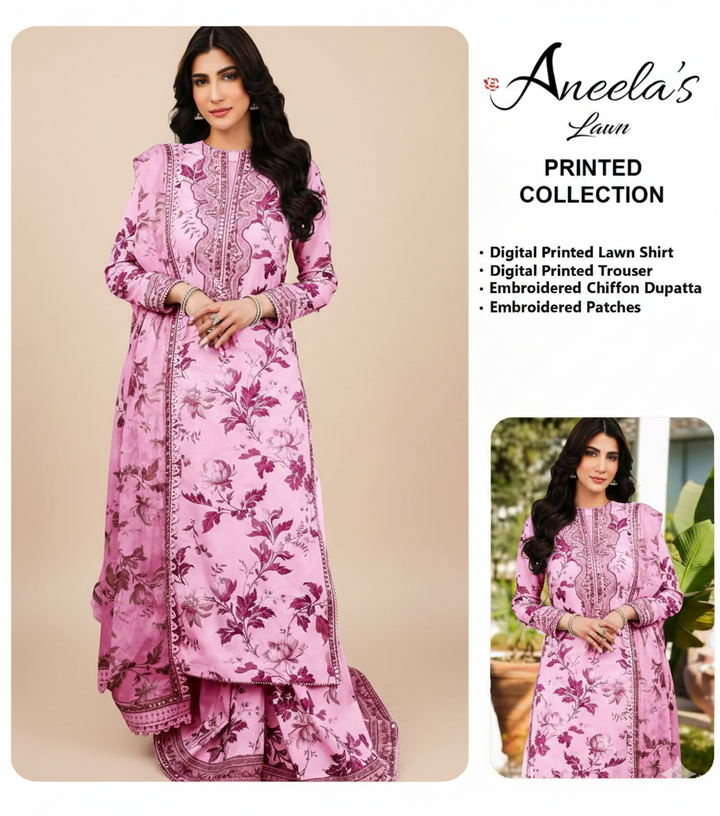 🌸 Soft Pink 9mm Lawn Suit by Aneela’s Collection – Heavy Embroidered Neck & Dupatta 🌸