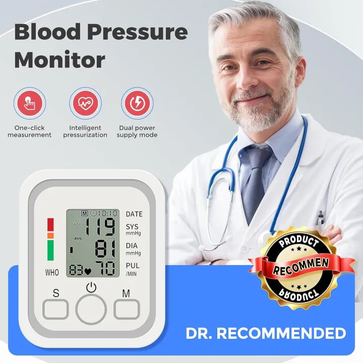 Automatic Arm Blood Pressure Monitor with Digital LCD Display, USB Rechargeable BP Machine with Cuff, Home Health Care Device for Heart Rate & Pulse