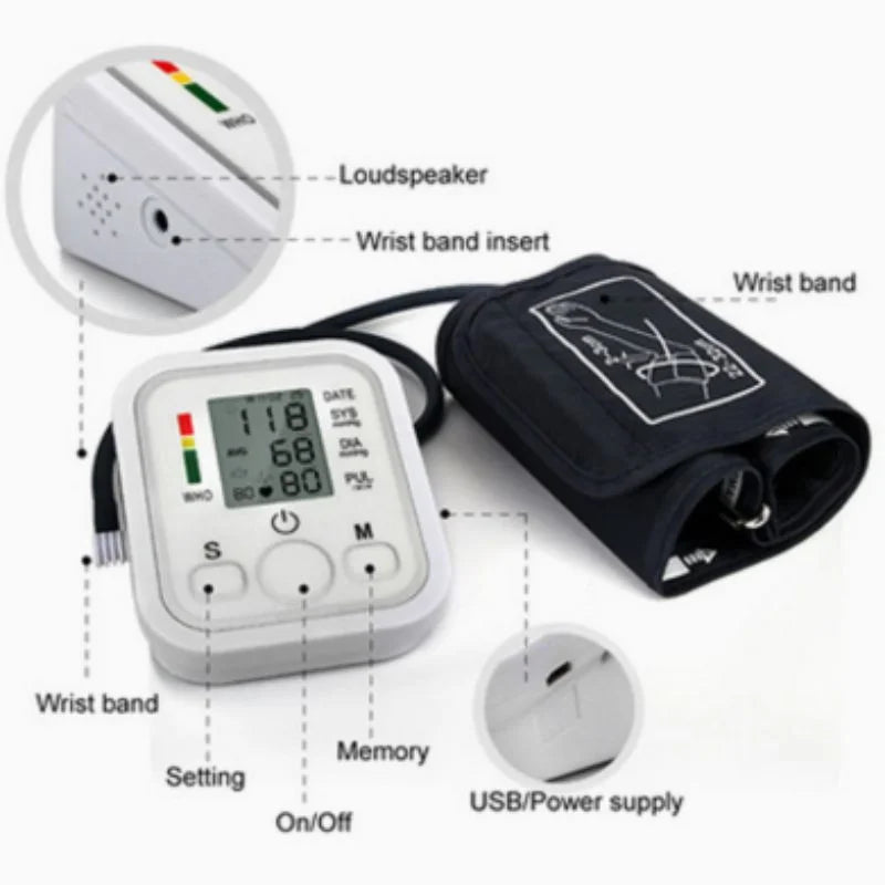 Automatic Arm Blood Pressure Monitor with Digital LCD Display, USB Rechargeable BP Machine with Cuff, Home Health Care Device for Heart Rate & Pulse