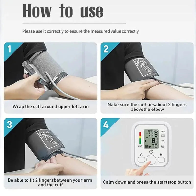 Automatic Arm Blood Pressure Monitor with Digital LCD Display, USB Rechargeable BP Machine with Cuff, Home Health Care Device for Heart Rate & Pulse