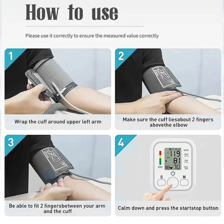 Automatic Arm Blood Pressure Monitor with Digital LCD Display, USB Rechargeable BP Machine with Cuff, Home Health Care Device for Heart Rate & Pulse