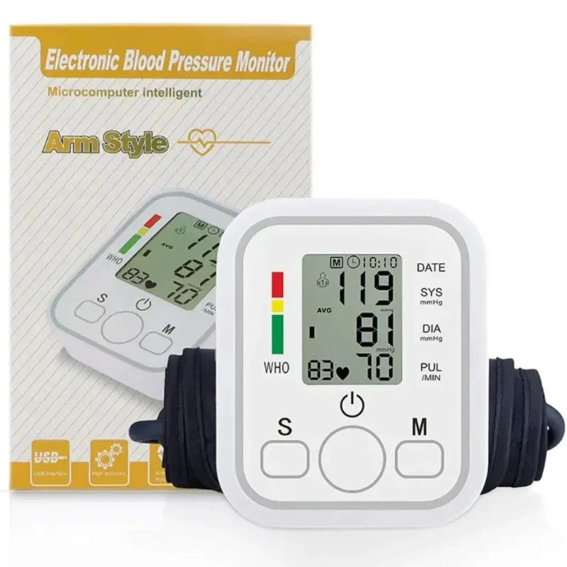 Automatic Arm Blood Pressure Monitor with Digital LCD Display, USB Rechargeable BP Machine with Cuff, Home Health Care Device for Heart Rate & Pulse