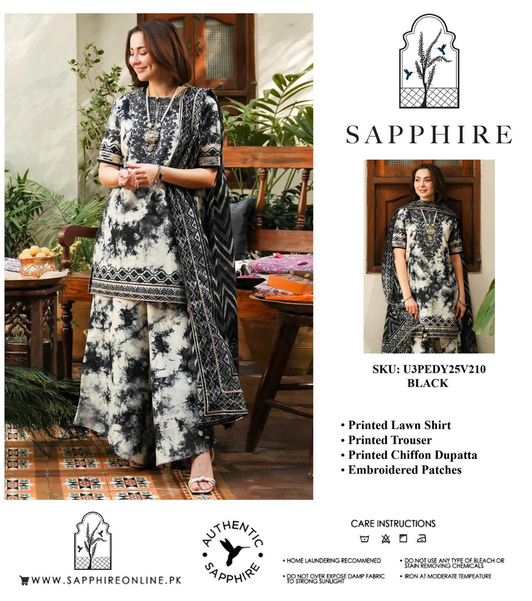 Sapphire Printed Lawn Front & Back | Lawn Sleeves | ⁠Neck Embroidered Patch