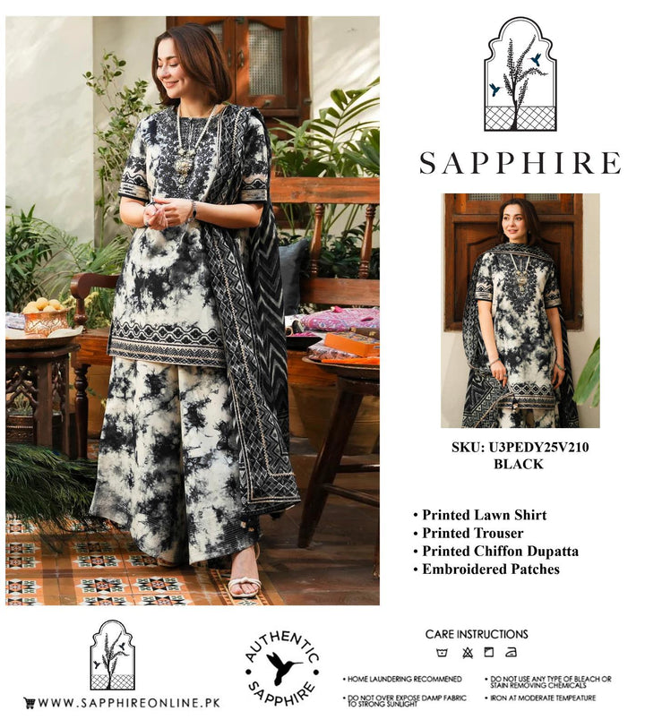 Sapphire Printed Lawn Front & Back | Lawn Sleeves | ⁠Neck Embroidered Patch