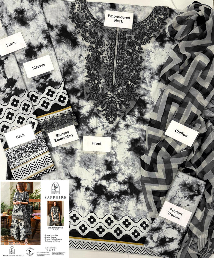 Sapphire Printed Lawn Front & Back | Lawn Sleeves | ⁠Neck Embroidered Patch