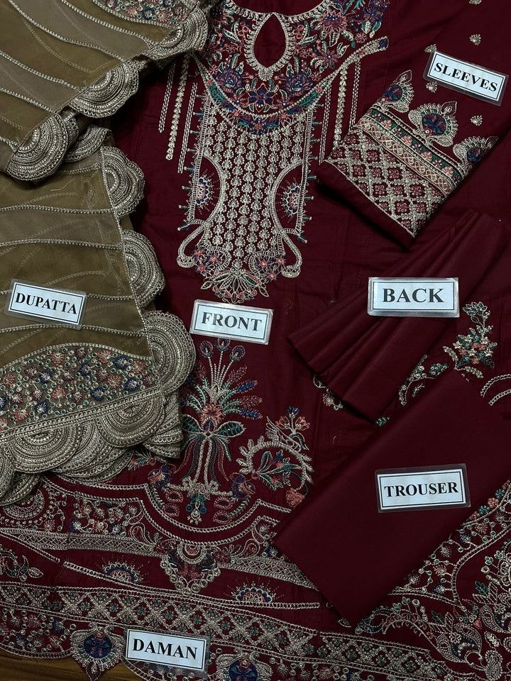 JAZMIN Lawn Cotton Suit With Organza Dupatta