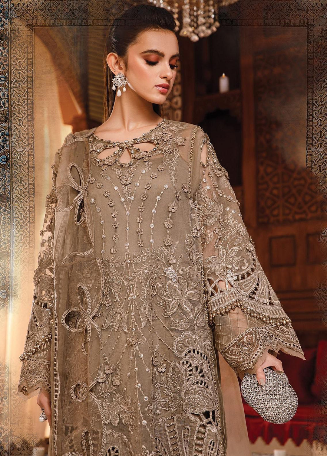 MARIA B Heavy Embroidered Front With Handwork & Stone Work WITH Heavy 3D flower Attach With Stone Punch