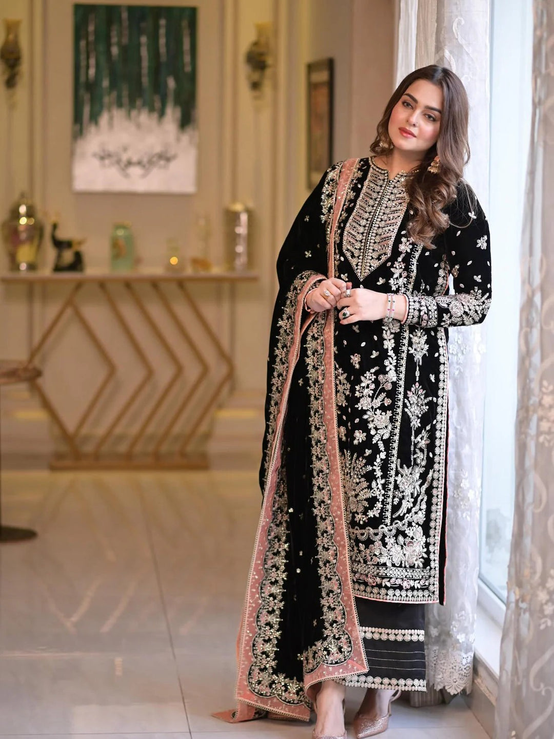 Aneela's Luxury Embroidered Chiffon Wedding Collection- Black With Chiffon Duppata - King Copy