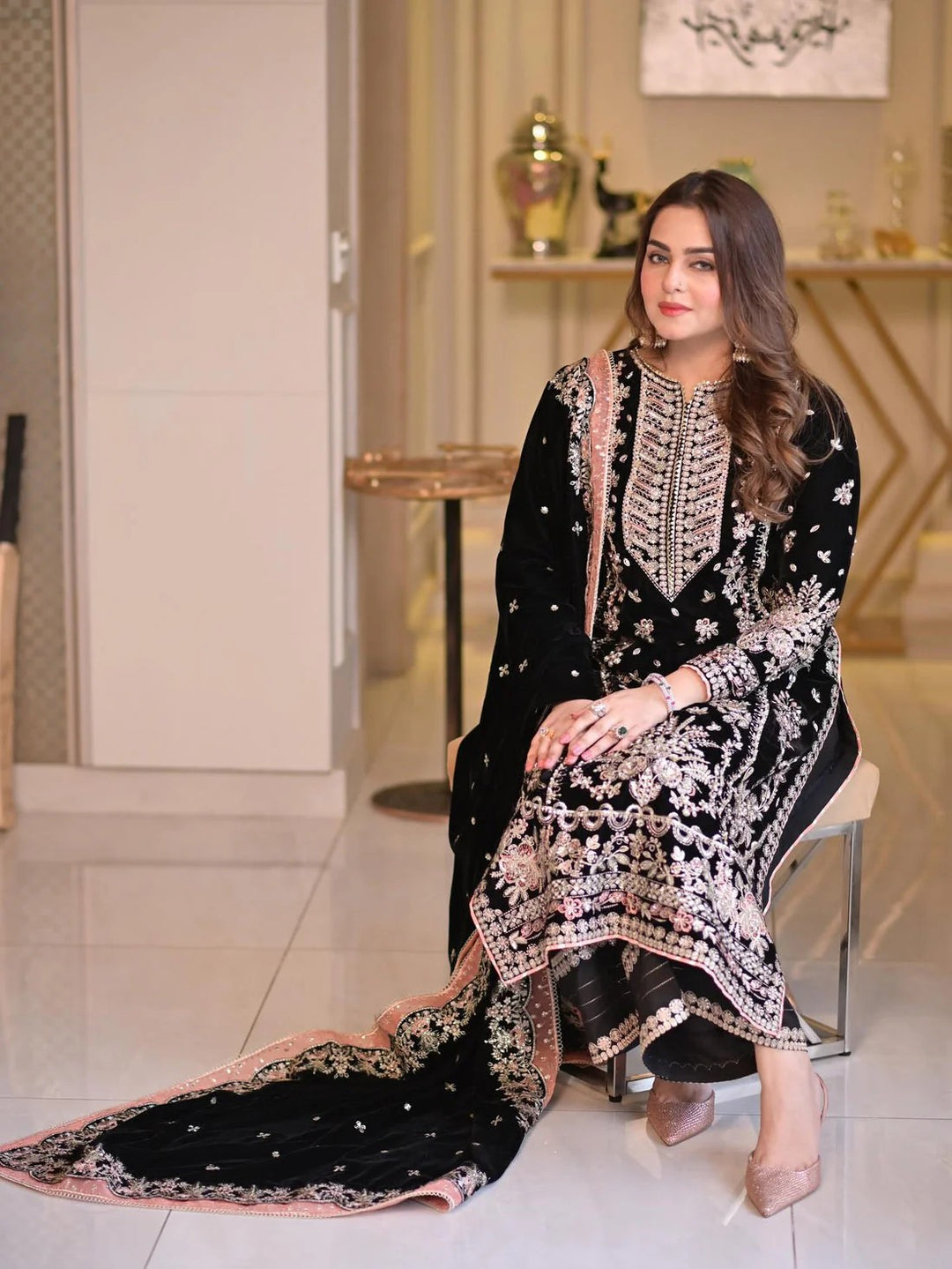 Aneela's Luxury Embroidered Chiffon Wedding Collection- Black With Chiffon Duppata - King Copy