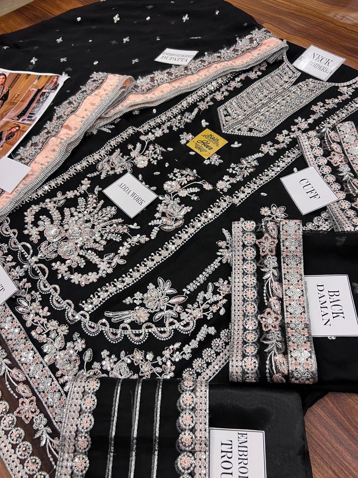 Aneela's Luxury Embroidered Chiffon Wedding Collection- Black With Chiffon Duppata - King Copy