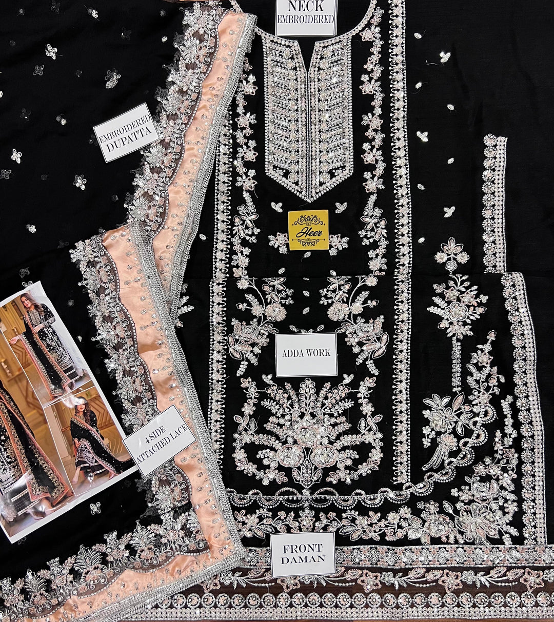 Aneela's Luxury Embroidered Chiffon Wedding Collection- Black With Chiffon Duppata - King Copy