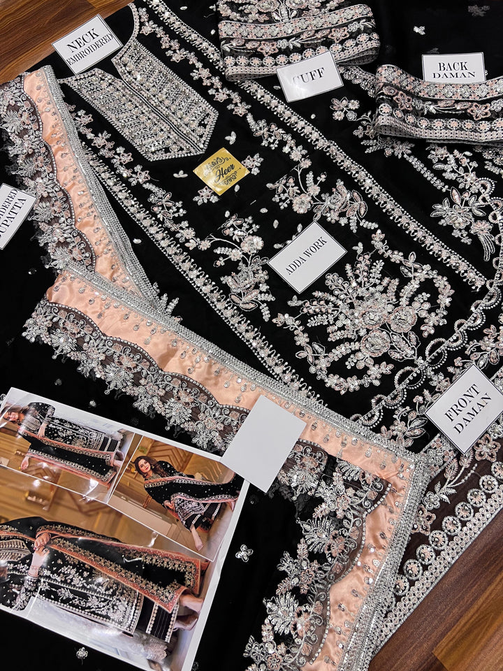 Aneela's Luxury Embroidered Chiffon Wedding Collection- Black With Chiffon Duppata - King Copy