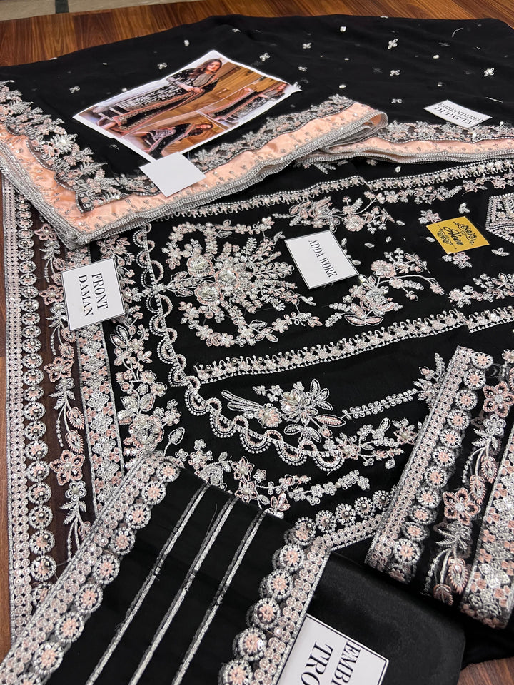 Aneela's Luxury Embroidered Chiffon Wedding Collection- Black With Chiffon Duppata - King Copy