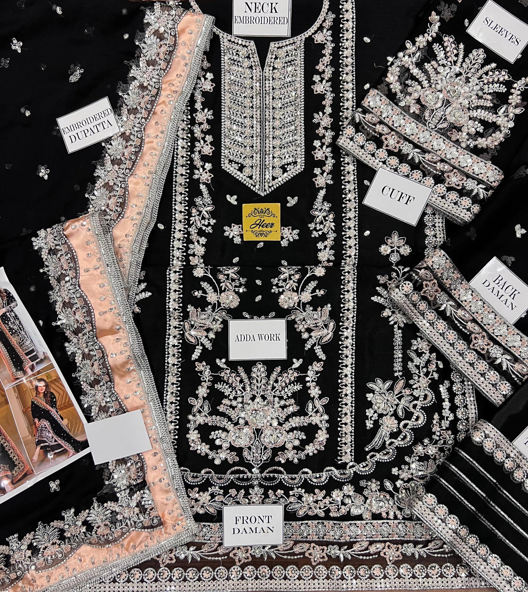 Aneela's Luxury Embroidered Chiffon Wedding Collection- Black With Chiffon Duppata - King Copy