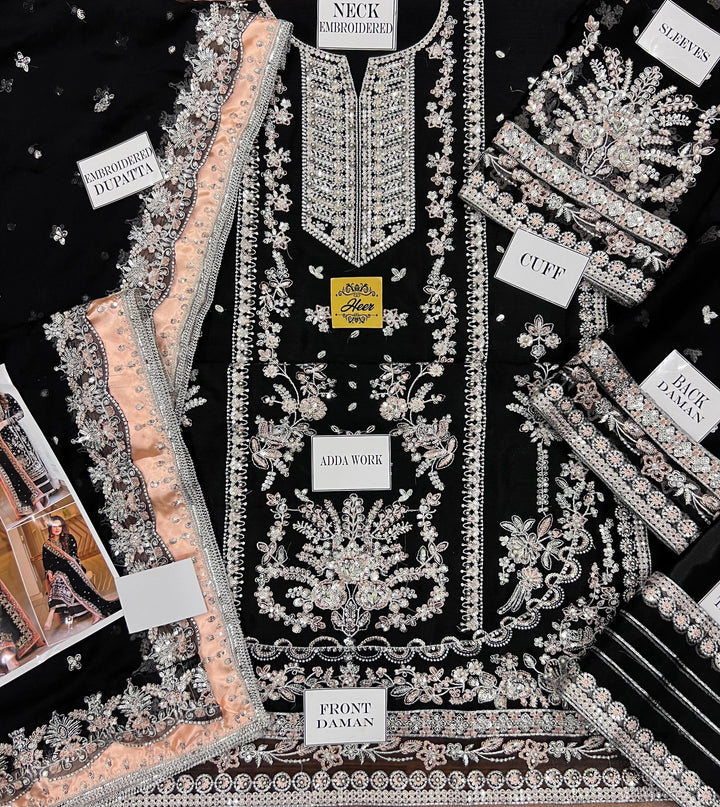 Aneela's Luxury Embroidered Chiffon Wedding Collection- Black With Chiffon Duppata - King Copy