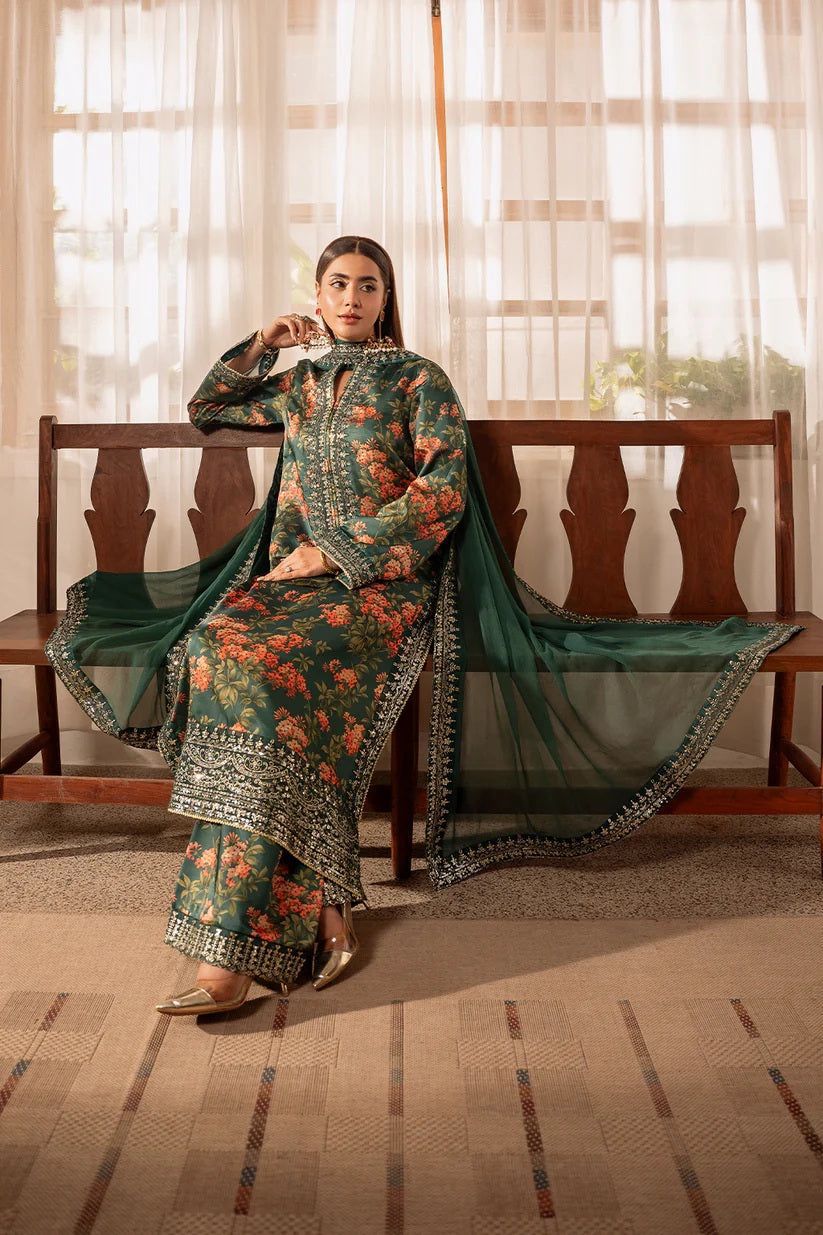 ✨ Luxury Printed Shamoz Silk Heavy Embroidered Suit with Chiffon Dupatta ✨